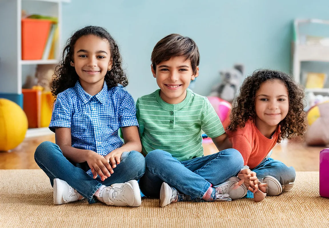 Three children sitting together on the floor
